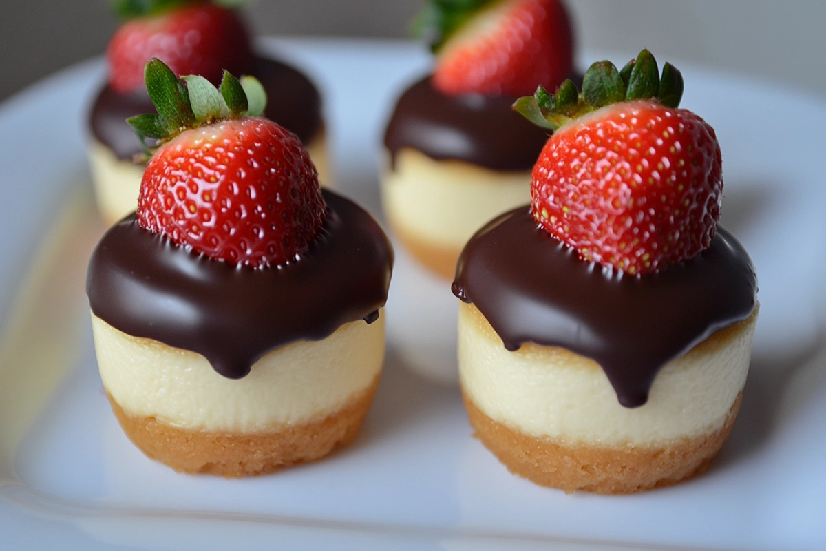 Mini Cheesecakes Topped with Chocolate Covered Strawberries