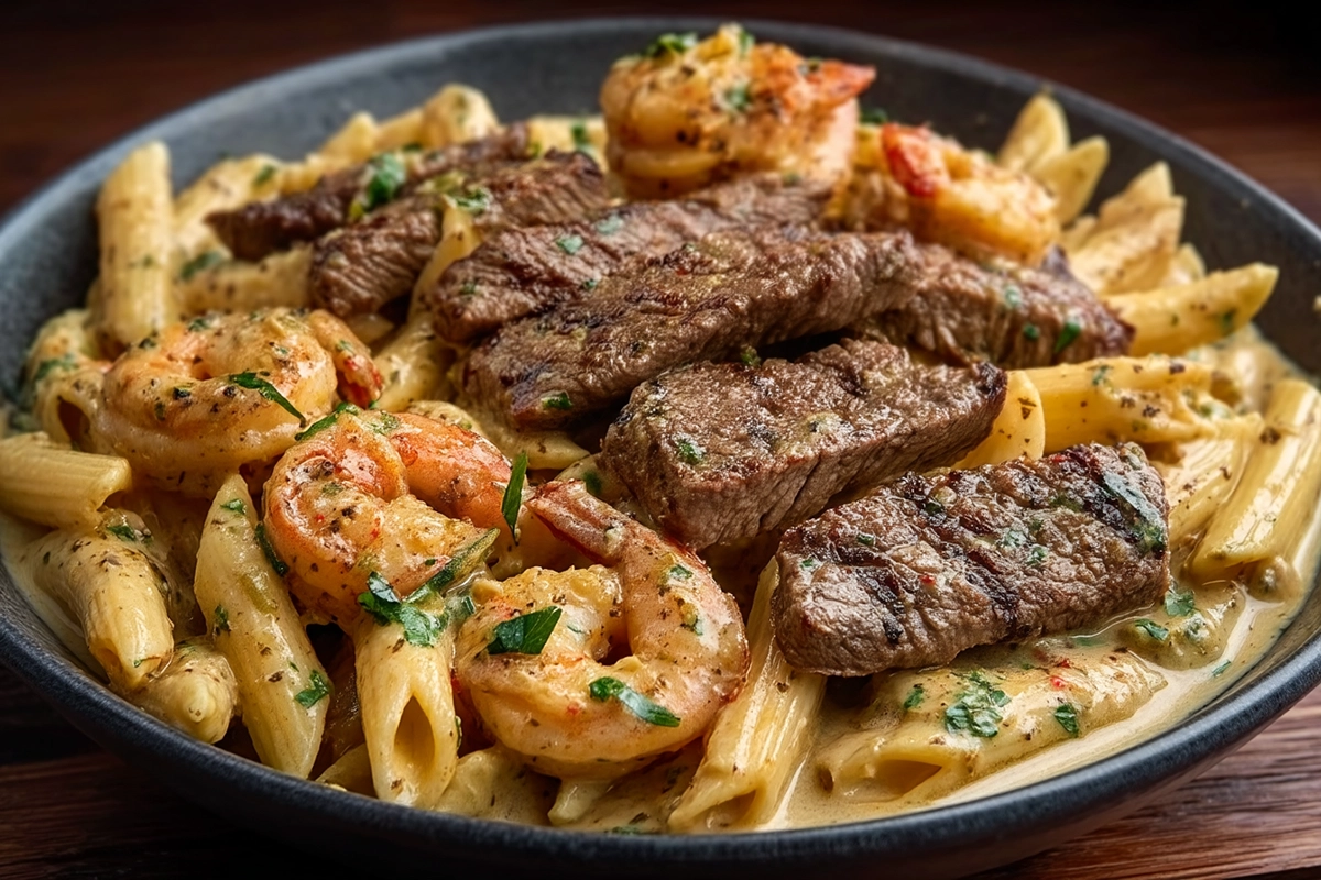 Cajun Shrimp And Steak Alfredo Pasta