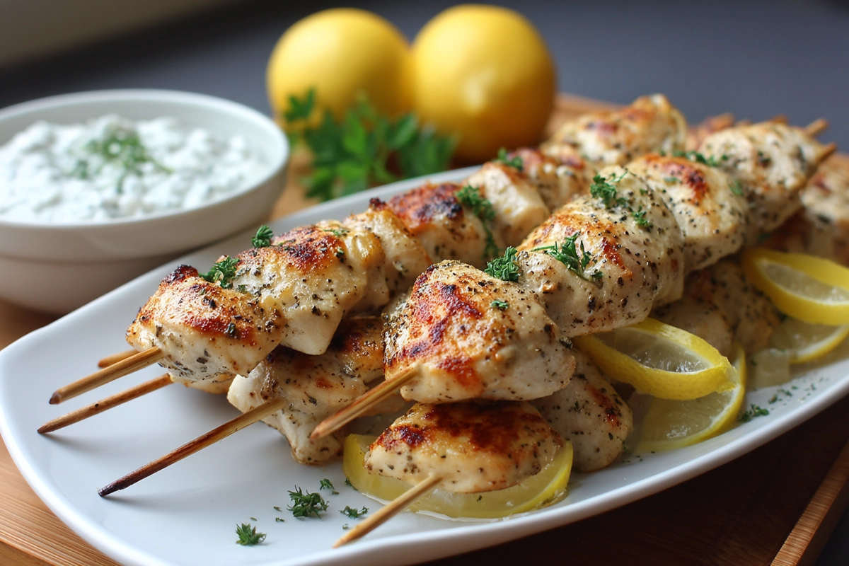 Greek Lemon Chicken Skewers With Tzatziki Sauce