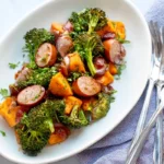 Sheet Pan Sausage And Sweet Potatoes With Honey Garlic Sauce