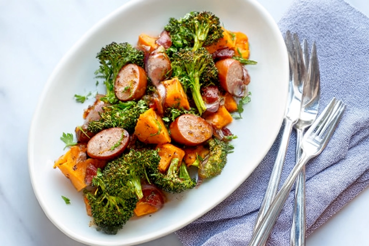 Sheet Pan Sausage And Sweet Potatoes With Honey Garlic Sauce