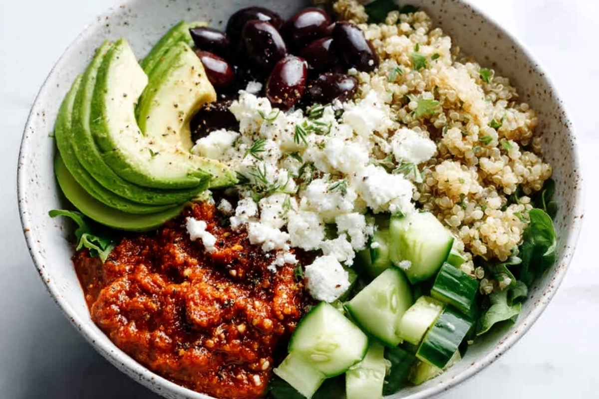 Mediterranean Quinoa Bowls With Roasted Red Pepper Sauce