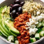 Mediterranean Quinoa Bowls With Roasted Red Pepper Sauce