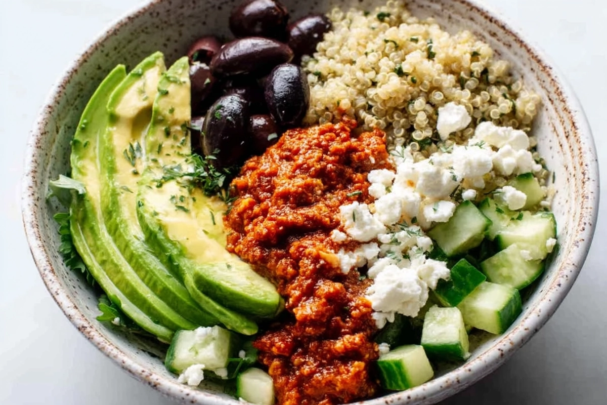 Mediterranean Quinoa Bowls with Roasted Red Pepper Sauce 4 Mediterranean Quinoa Bowls With Roasted Red Pepper Sauce
