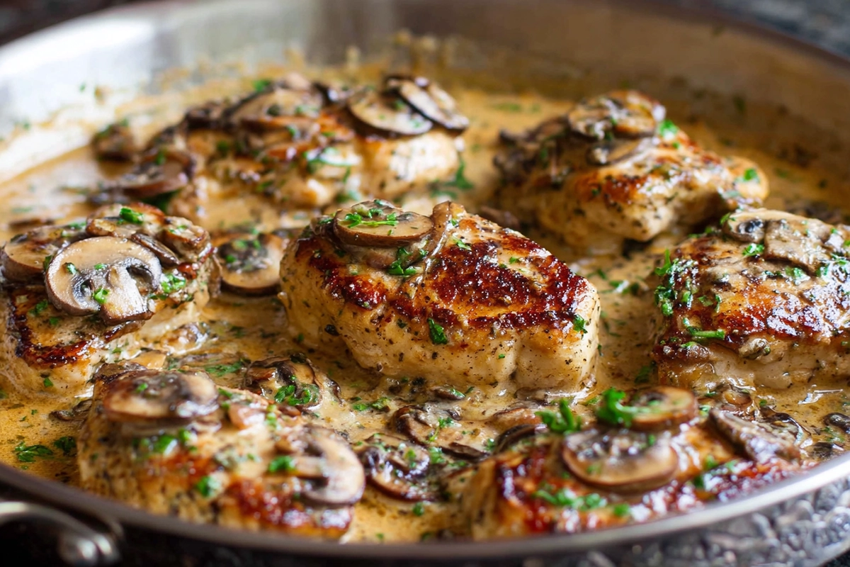 One Skillet Chicken with Garlicky Mushroom Cream Sauce