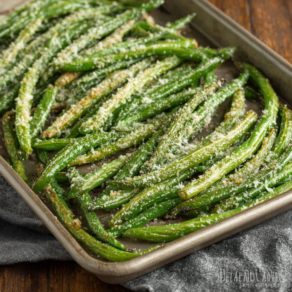 mixing green beans with parmesan