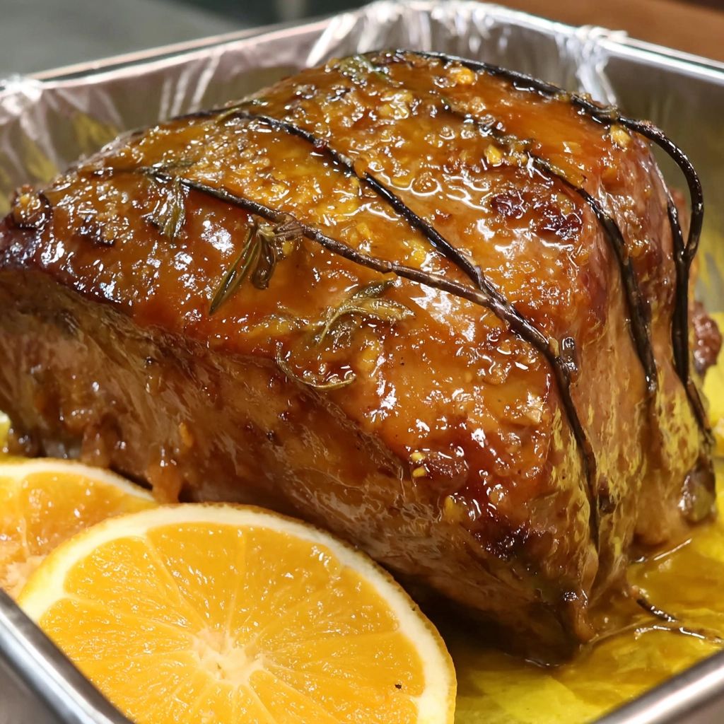 pouring honey glaze over ham