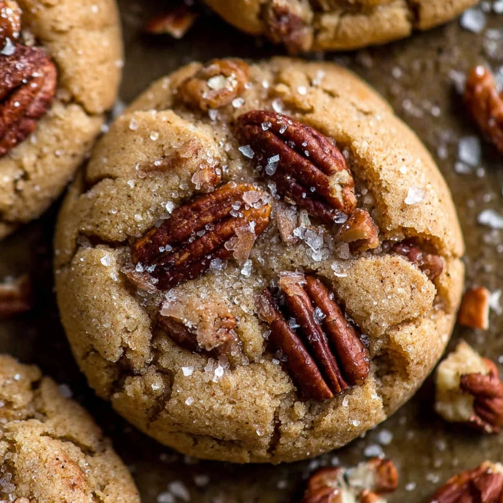 Butter pecan cookies stacked on a rustic wooden table