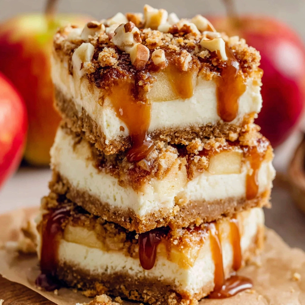 Caramel Apple Cheesecake Bars with caramel drizzle
