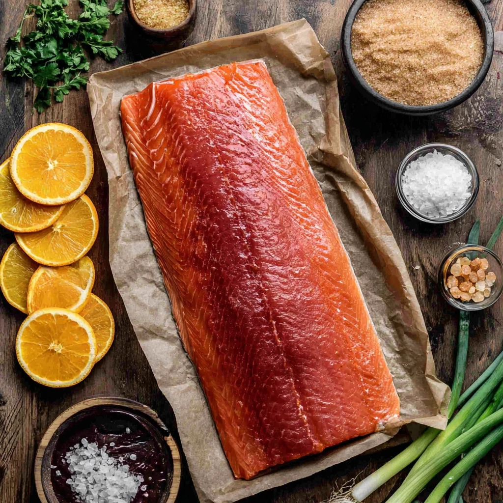 christmas salmon ingredients flat lay
