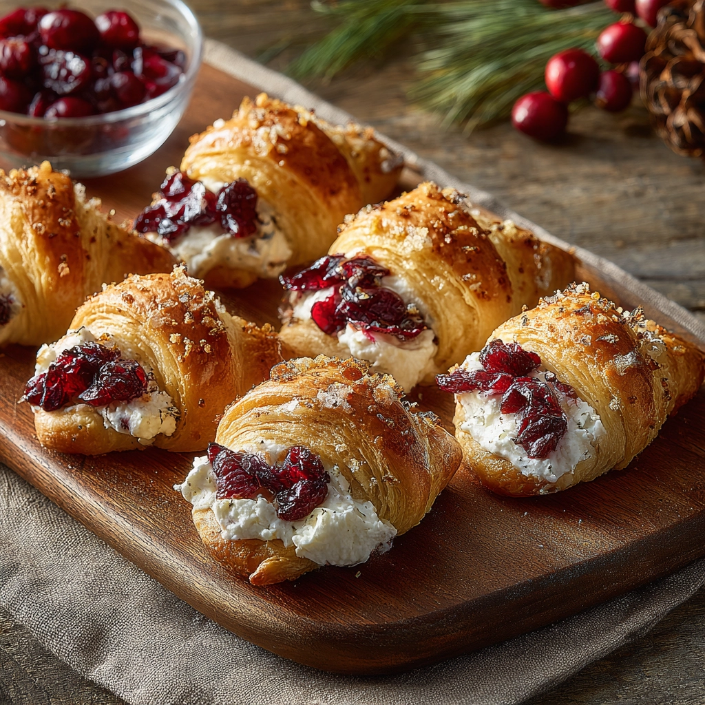 Cranberry Cream Cheese Crescent Bites on rustic board