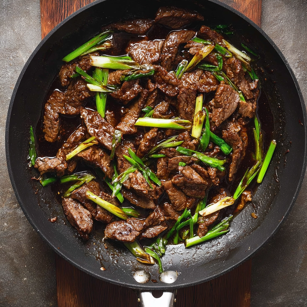 mongolian beef recipe skillet close-up