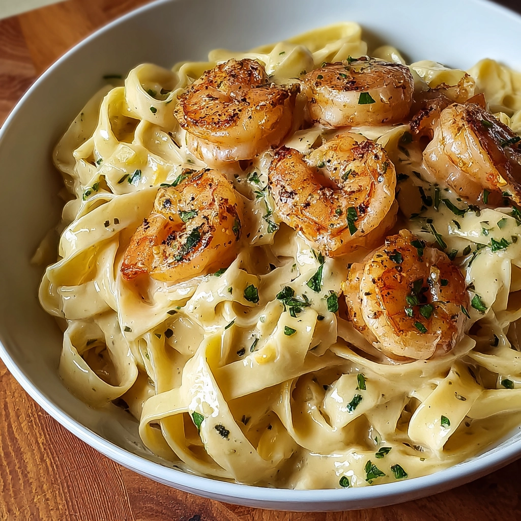 Serving creamy shrimp fettuccine Alfredo