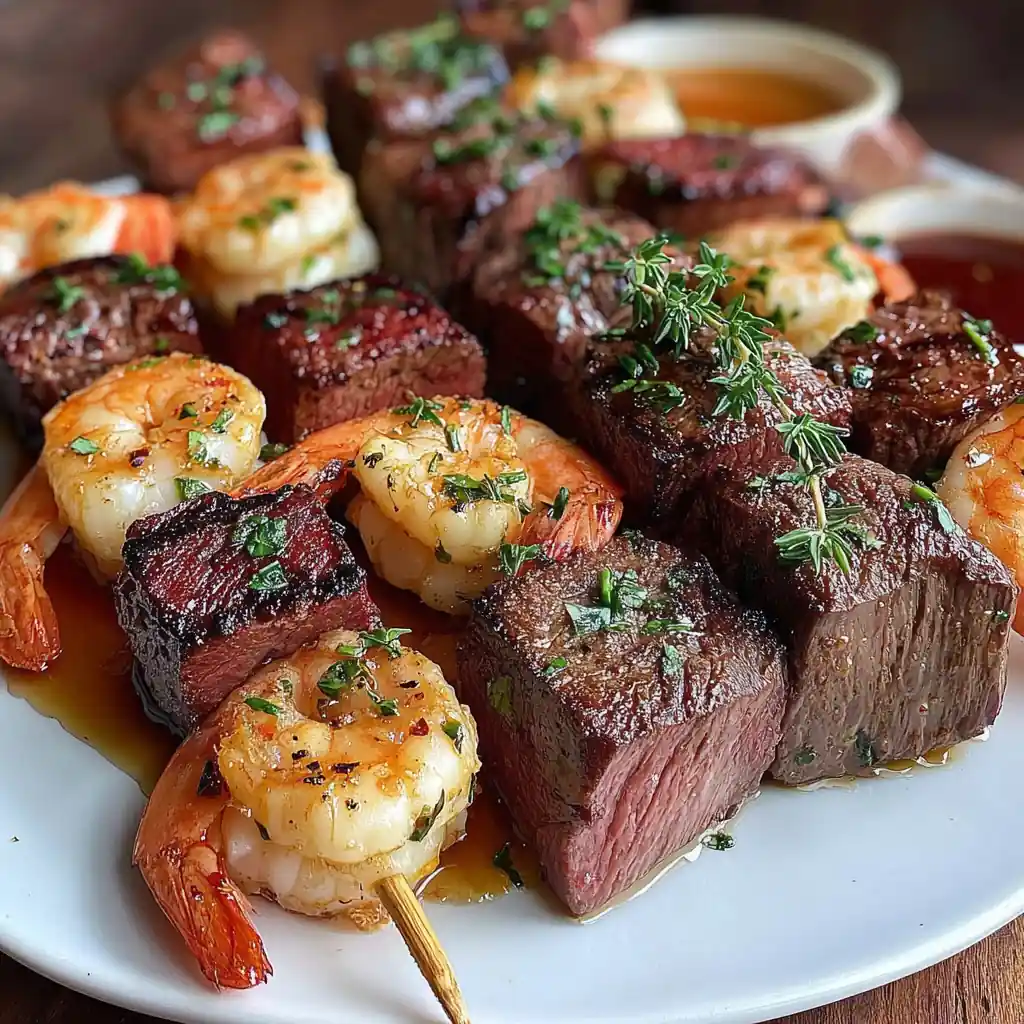Grilled Steak and Shrimp Skewers with Garlic Butter – Easy Surf and Turf 4 Grilled Steak and Shrimp Skewers