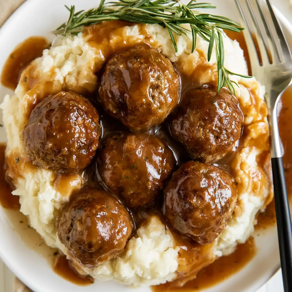 Meatballs and Gravy: Tender Beef Meatballs in Rich Onion Gravy 5 Meatballs and Gravy